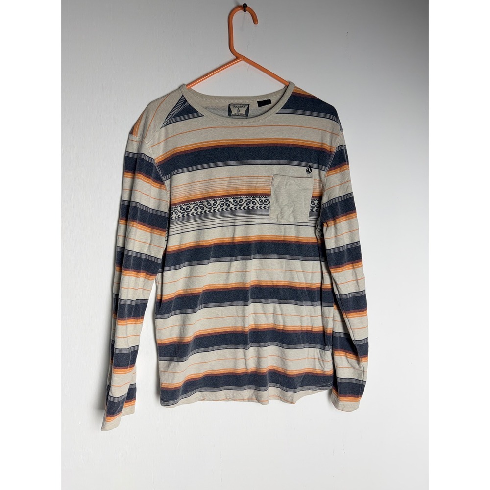 Volcom Mens Long Sleeve Pocket Tee Striped Geometric Tribal Crewneck Large